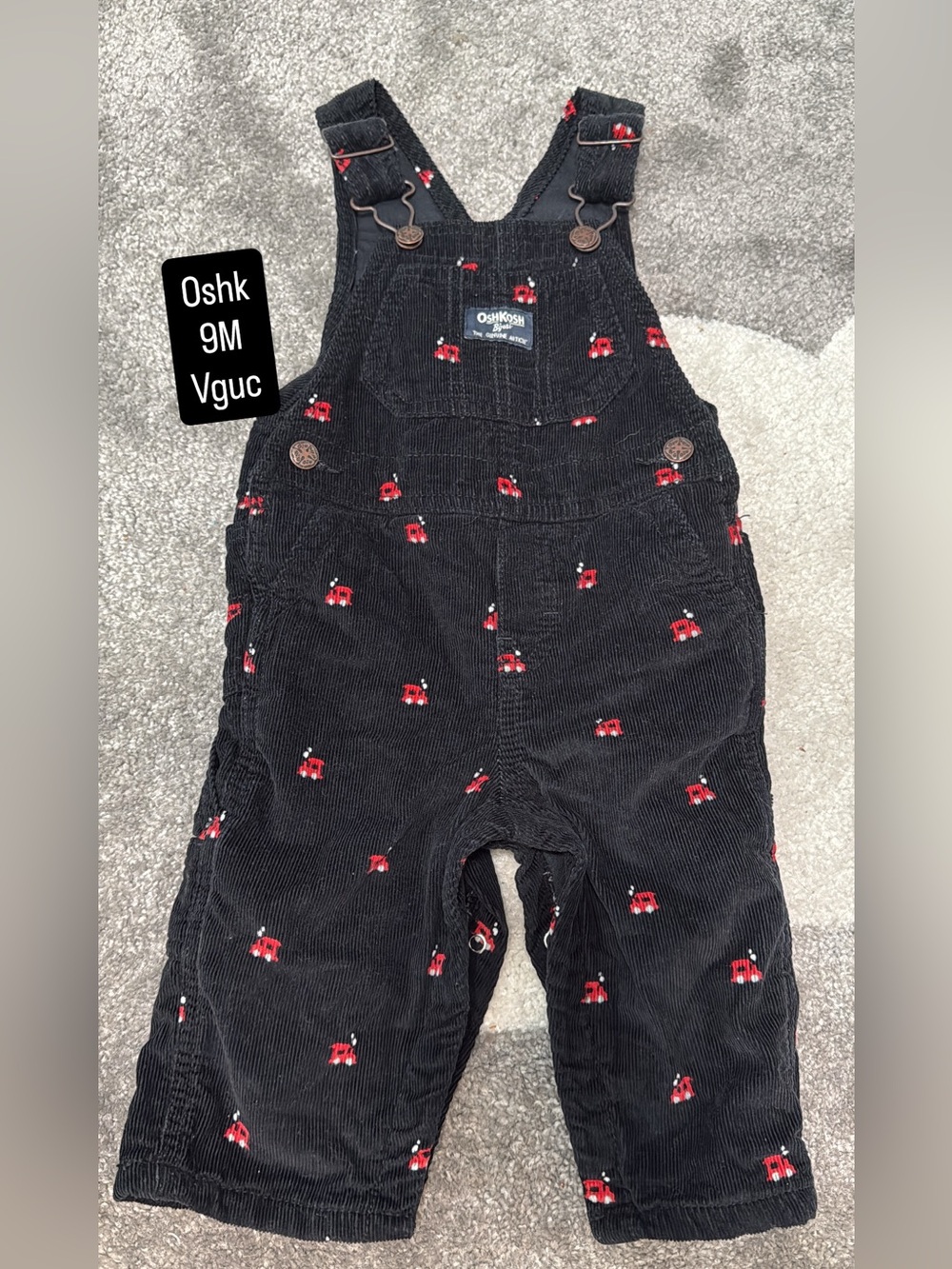 OshKosh B'gosh Black Corduroy Overalls with Red Truck Embroidery